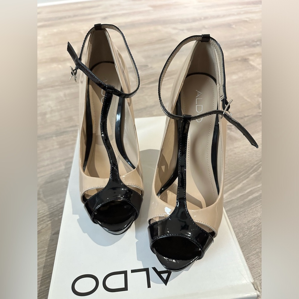 ALDO size 38 nude & black peep toe heel with ankle strap